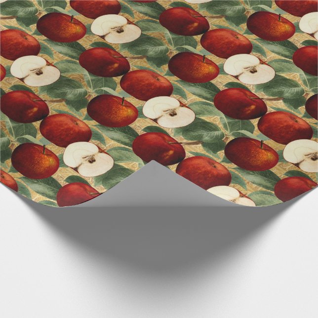 Red Apples Botanical Gold Alphabet Pattern Wrapping Paper (Corner)