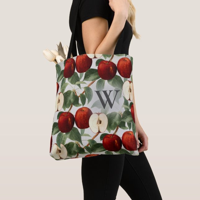 Red Apples Botanical Gray Watercolor Monogrammed Tote Bag (Close Up)