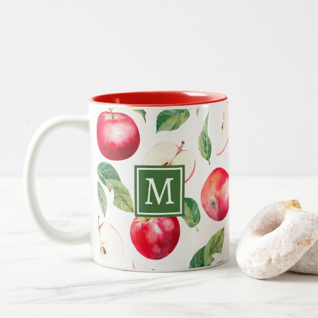 Red Apples Botanical Monogram Two-Tone Coffee Mug (With Donut)