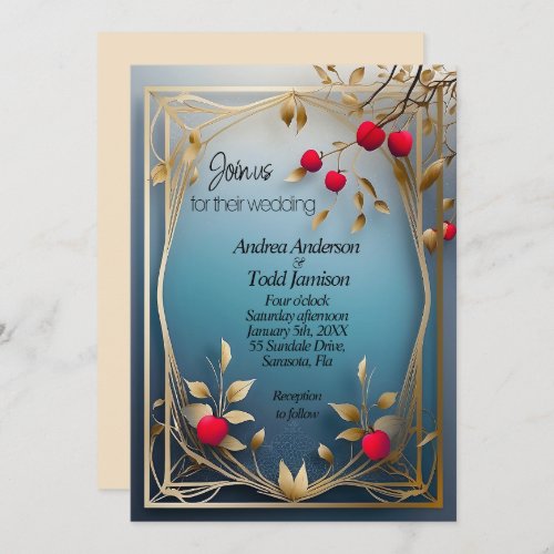 Red apples gold leaves wedding invitation