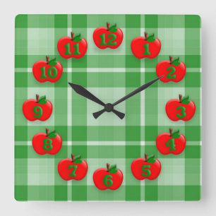 Red Apples Green Checkered Plaid Gingham Square Wall Clock