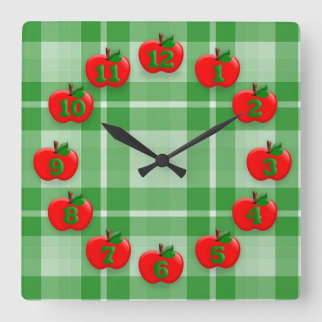 Red Apples Green Checkered Plaid Gingham Square Wall Clock (Front)