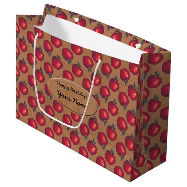 Red Apples on Brown Paper Label Large Gift Bag (Front Angled)