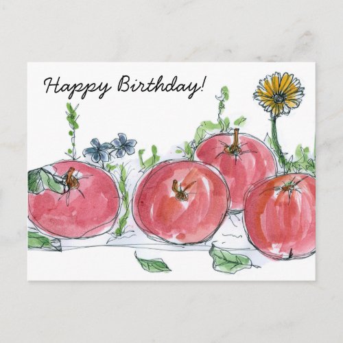 Red Apples Watercolor Fruit Happy Birthday Postcard