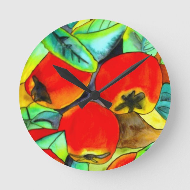 Red Apples watercolor original art painting Round Clock (Front)