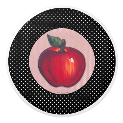 Red Apples White on Black Polka Dots Ceramic Knob