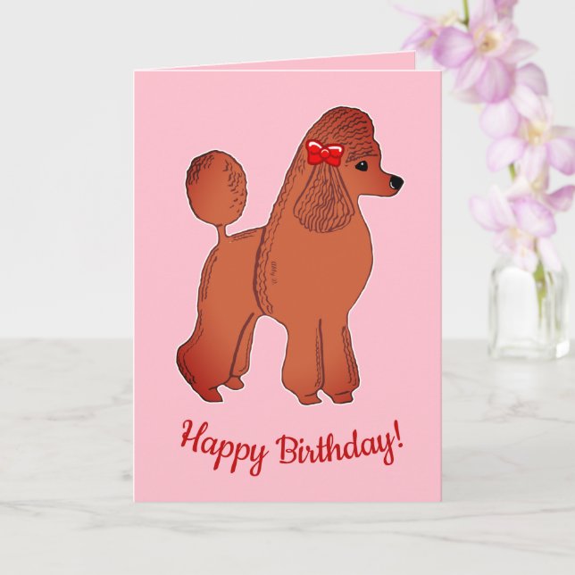 Red Apricot Poodle Pink Happy Birthday Card (Orchid)