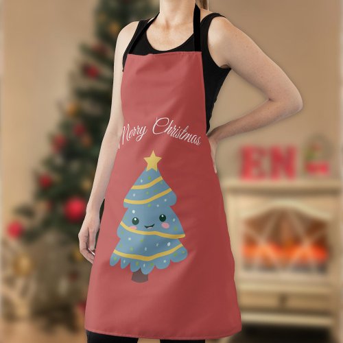 Red Apron with Kawaii Christmas Tree 