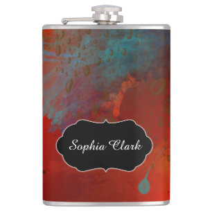 Red, Aqua & Gold Grunge Abstract Art, Personalized Hip Flask