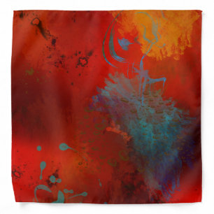 Red, Aqua & Gold Grunge Digital Abstract Art Bandana