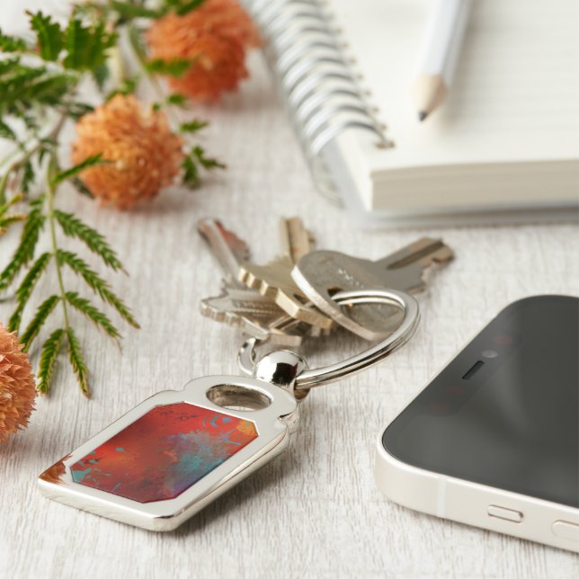 Red, Aqua & Gold Grunge Digital Abstract Art Keychain (Side)