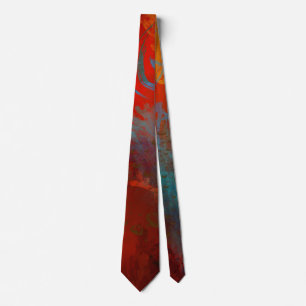 Red, Aqua & Gold Grunge Digital Abstract Art Neck Tie
