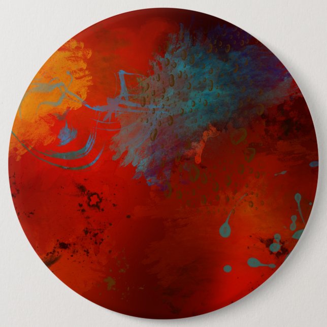 Red, Aqua & Gold Grunge Digital Abstract Art Pinback Button (Front)