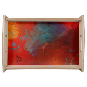 Red, Aqua & Gold Grunge Digital Abstract Art Serving Tray