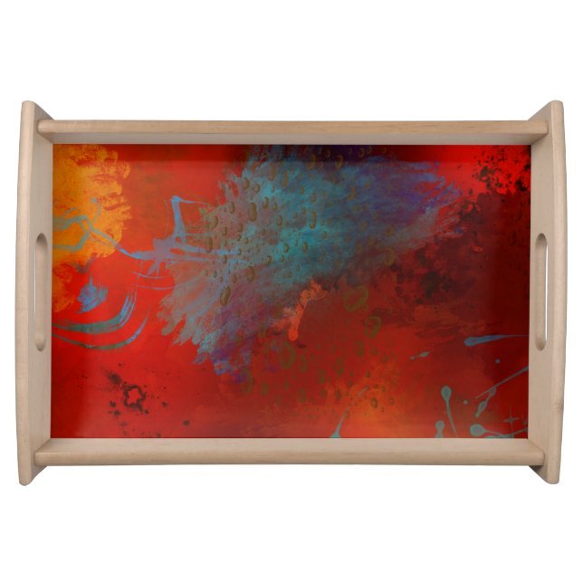 Red, Aqua & Gold Grunge Digital Abstract Art Serving Tray (Front)
