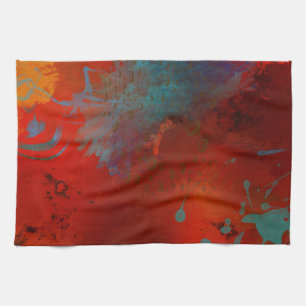 Red, Aqua & Gold Grunge Digital Abstract Art Towel