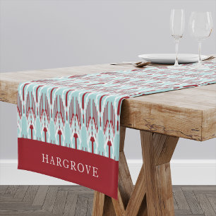 Red & Aqua Holiday Ikat Pattern Family Name Medium Table Runner
