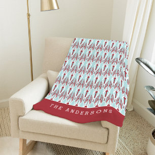 Red & Aqua Holiday Ikat Pattern   Personalized Fleece Blanket