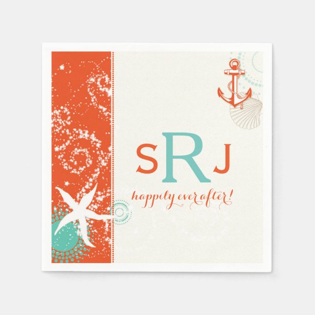 Red Aqua Ivory Nautical Beach Wedding Paper Napkins (Front)