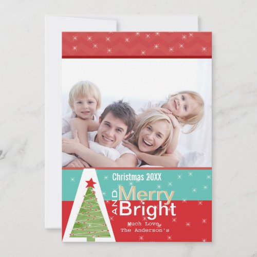 Red Aqua Pine Tree Merry Bright Family Photo Card
