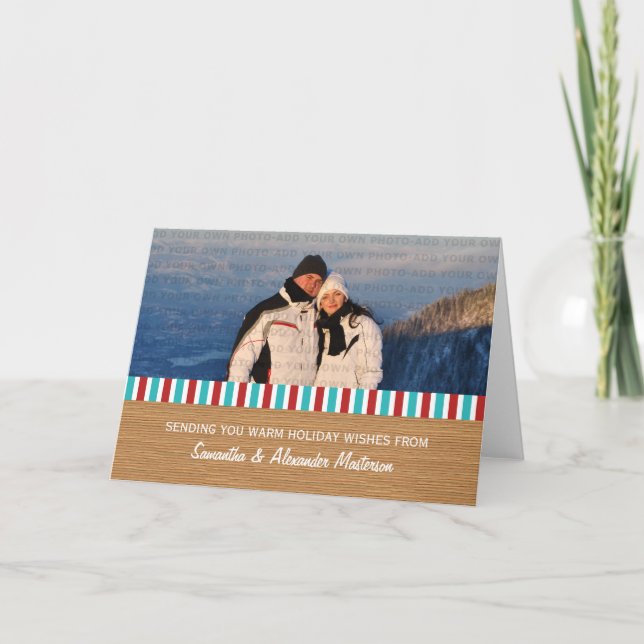 Red/Aqua Rustic Stripes Photo Card (Front)