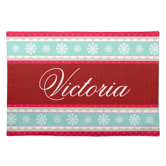 Red Aqua Snowflakes Christmas Pattern Custom Name Placemat (Front)