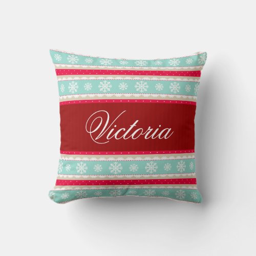 Red Aqua Snowflakes Christmas Pattern Custom Name Throw Pillow