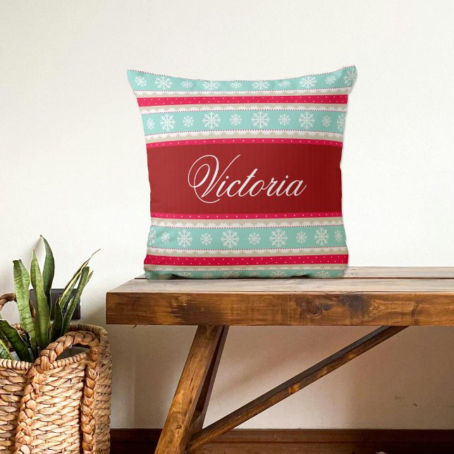 Red Aqua Snowflakes Christmas Pattern Custom Name Throw Pillow (Creator Uploaded)