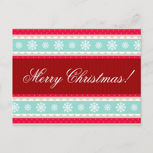 Red Aqua Snowflakes Pattern "Merry Christmas" Holiday Postcard (Front)