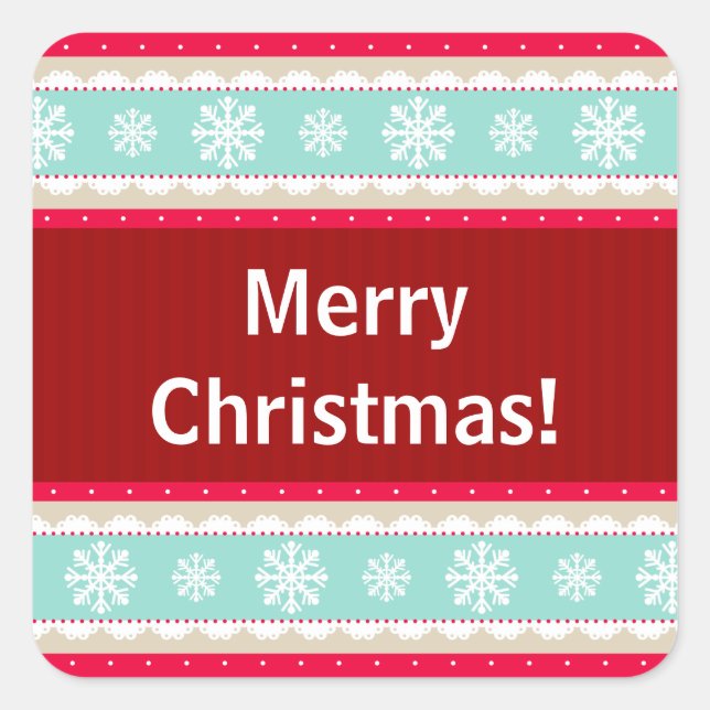 Red Aqua Striped Christmas Pattern Custom Text Square Sticker (Front)