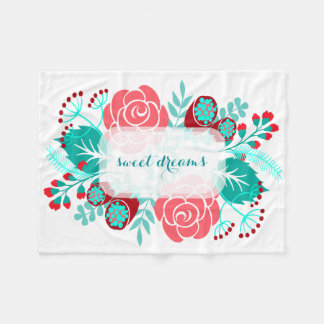 Red Aqua Teal Vintage Floral Pattern Fleece Blanket