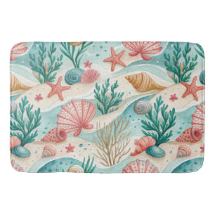 RED & AQUA TROPICAL SEASHELLS & STARFISH BATH MAT