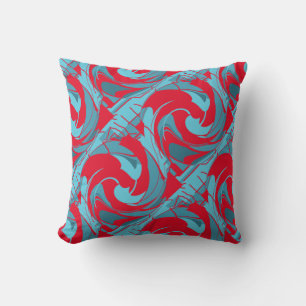 Red Aqua Turquoise Diagonal Twirling Art Design Throw Pillow