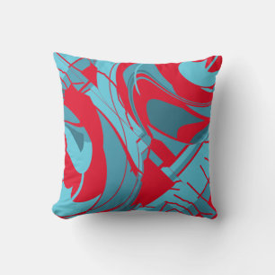 Red Aqua Turquoise Flowing Abstract Floral Design Throw Pillow