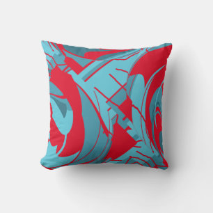 Red Aqua Turquoise Lush Leaves Abstract Art Design Throw Pillow