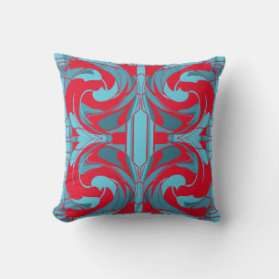 Red Aqua Turquoise Swirling Large Ornate Tiles Throw Pillow