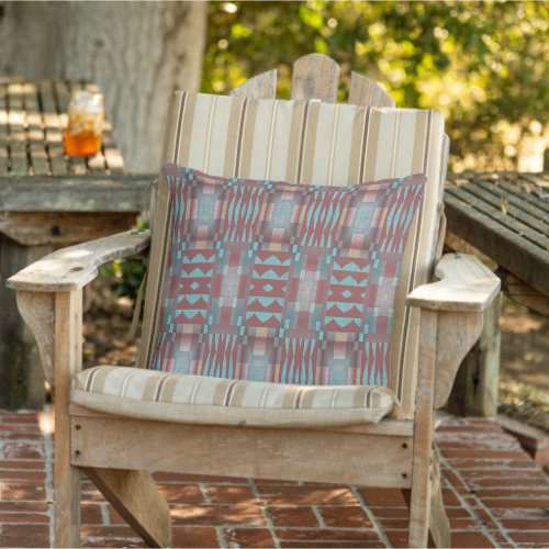Red Aqua Turquoise Teal Blue Brown Tribal Art Outdoor Pillow
