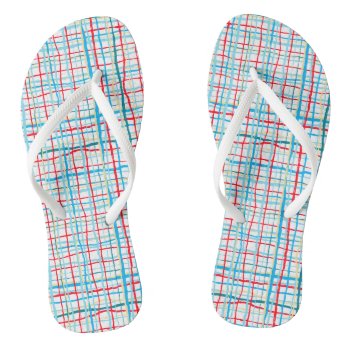Red Aqua Turquoise Yellow Squiggly Lines Plaid On  Flip Flops by nancyworrelldesigns at Zazzle