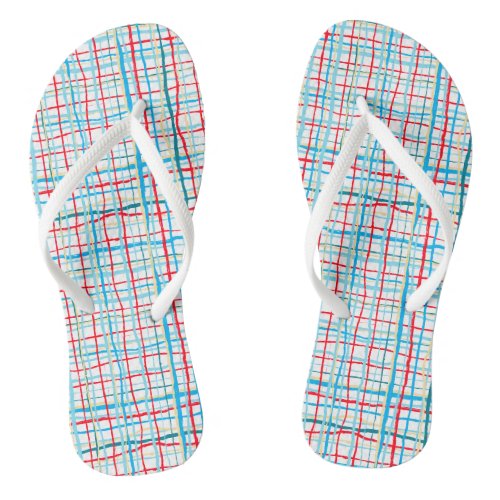 Red Aqua Turquoise Yellow Squiggly Lines Plaid on  Flip Flops