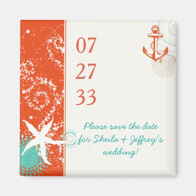 Red Aqua White Nautical Wedding Save the Date Magnet (Front)