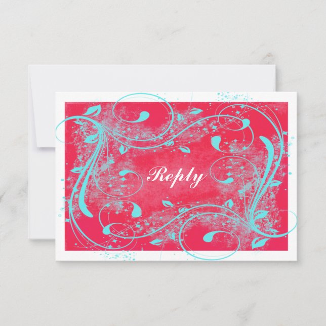 Red, Aqua, White Swirls Reply Card (Front)