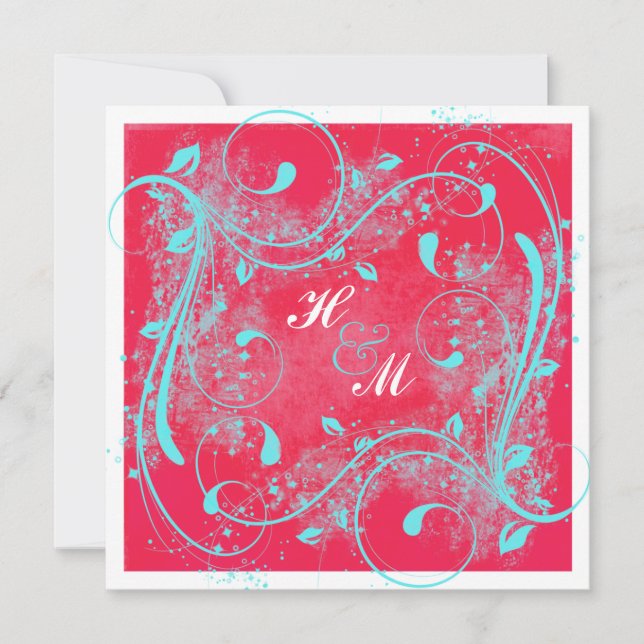 Red, Aqua, White Swirls Wedding Invitation (Front)