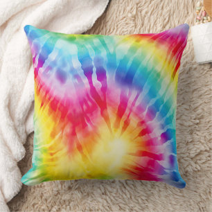 Red Aqua Yellow Purple Tie Dye Stripes Throw Pillow