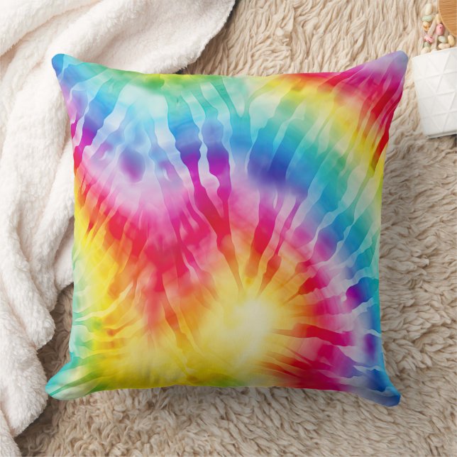 Red Aqua Yellow Purple Tie Dye Stripes Throw Pillow (Blanket)