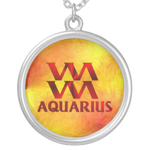 Red Aquarius Horoscope Symbol Silver Plated Necklace