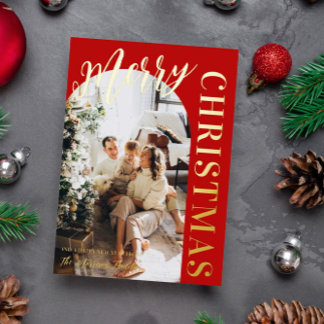 Red Arch Shaped Photo Merry Christmas Gold Foil Foil Holiday Card