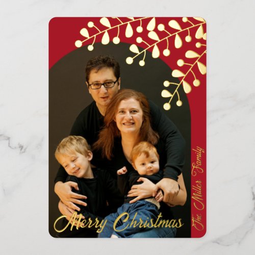 Red Arched Photo Holiday Card with Gold Leaves