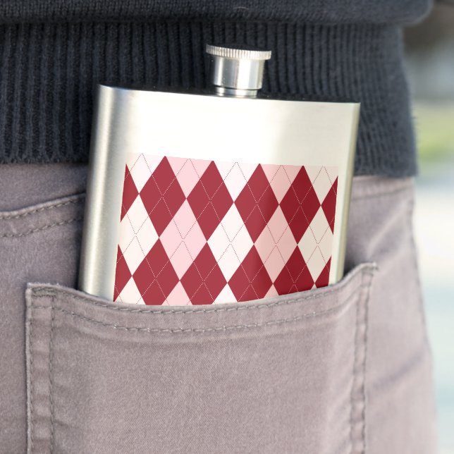 Red Argyle Crimson Pink Small Diamond Shape Hip Flask (In Situ)