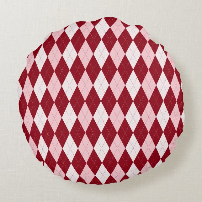 Red Argyle Crimson Pink Small Diamond Shape Round Pillow (Back)