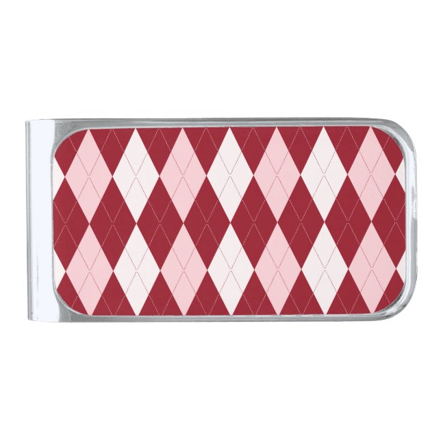 Red Argyle Crimson Pink Small Diamond Shape Silver Finish Money Clip (Front)